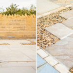 Stone paving laid out in an external showroom, showcasing different tones and textures available.