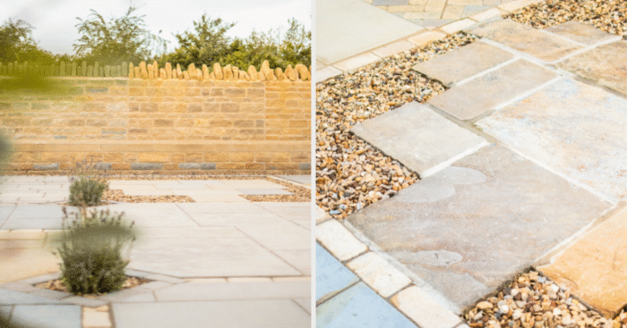 Stone paving laid out in an external showroom, showcasing different tones and textures available.